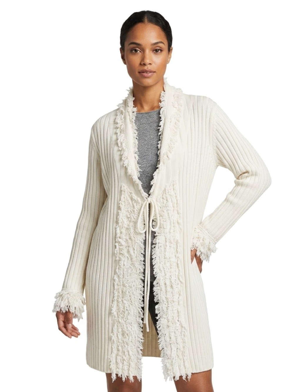 Cato Cream Fringe-Trim Ribbed Open Cardigan